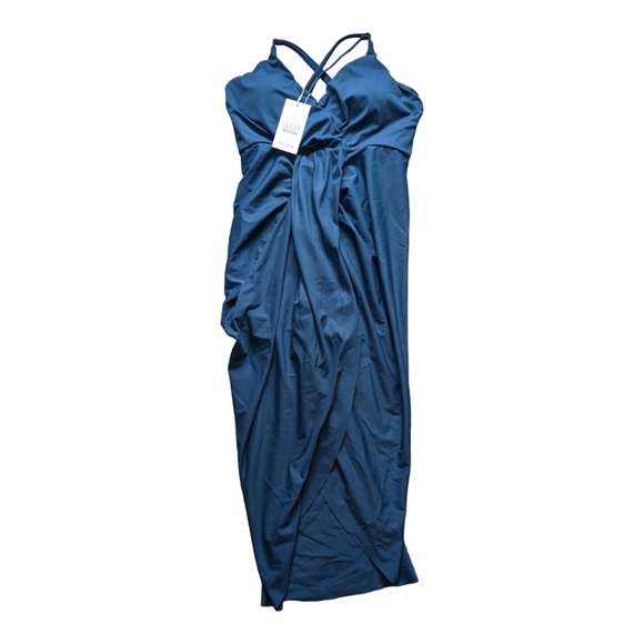 NWT Halara Deep V Neck Backless Crisscross Adjustable Straps Midi Blue Dress - Picture 3 of 7